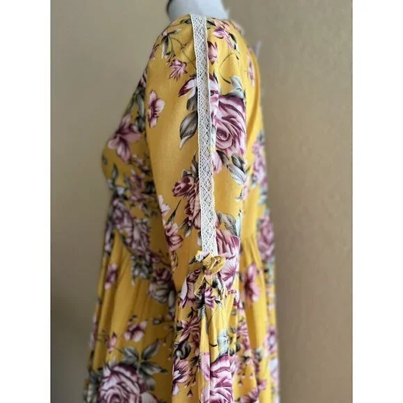 On The Road Womens Yellow V Neck Fit & Flar Garette Floral Dress Size L $120 - Picture 9 of 11